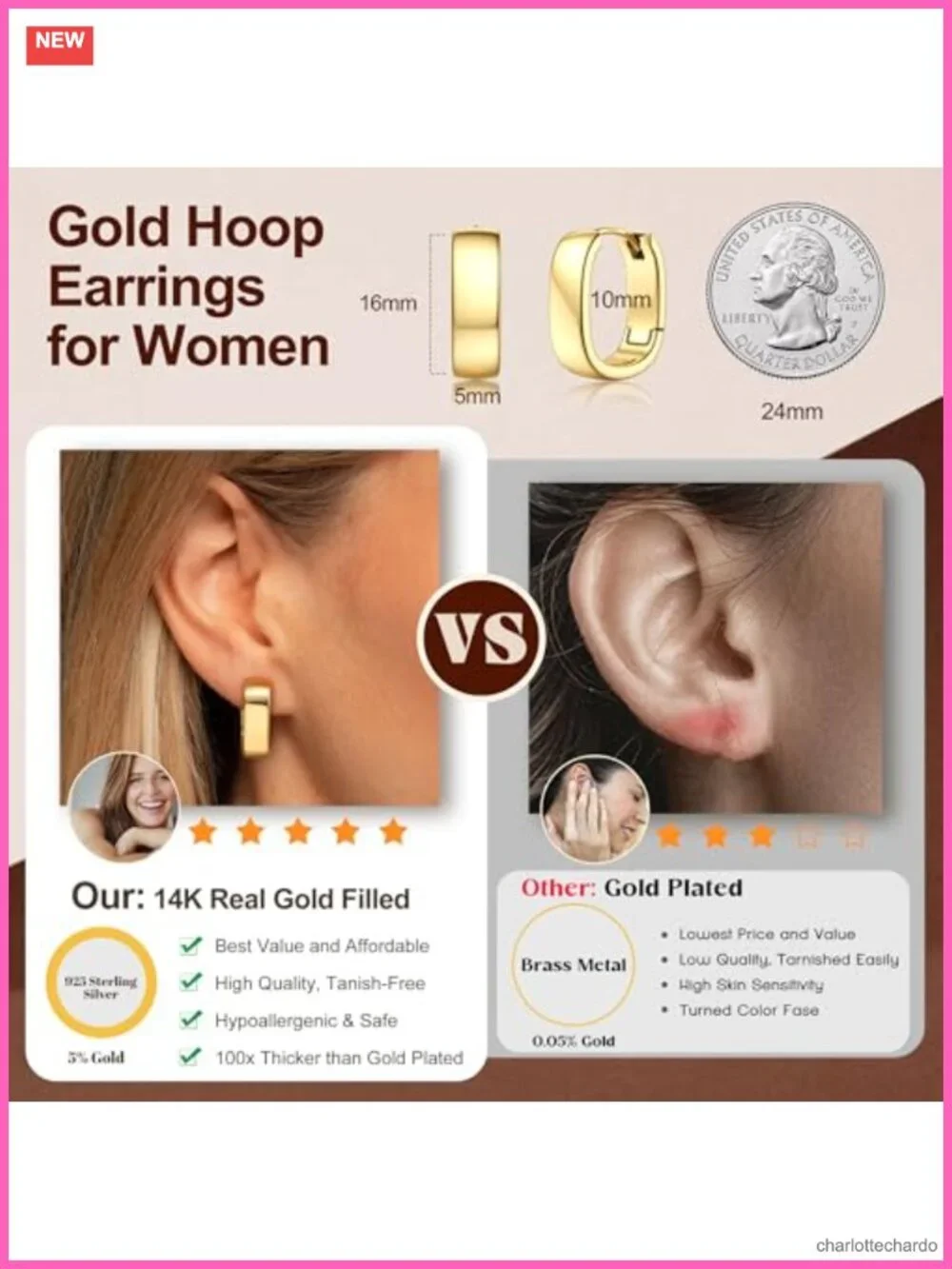 925 Sterling Silver 14K Gold Filled Chunky Hoop Earrings Hypoallergenic Huggie